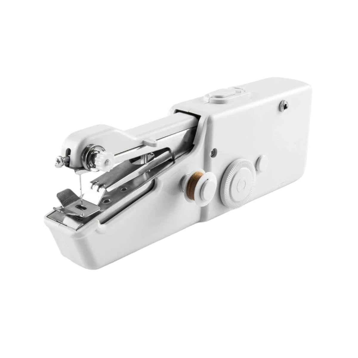 The  mini electric sewing machine held in hand, illustrating its portable scale.