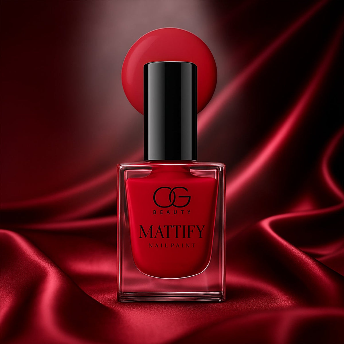 Vibrant red matte nail polish bottle with a smooth finish.