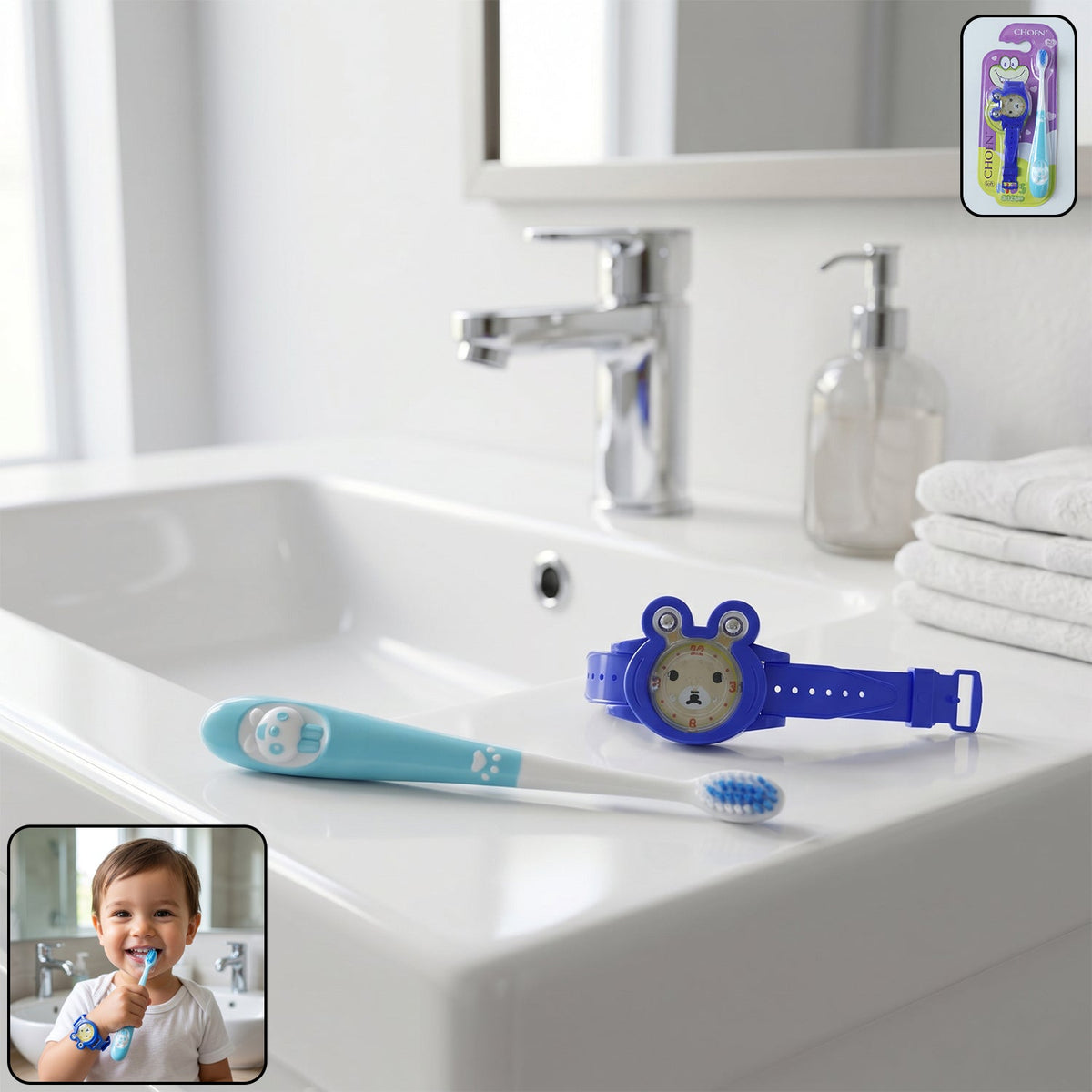 Kids toothbrush with cartoon watch toy in colorful design