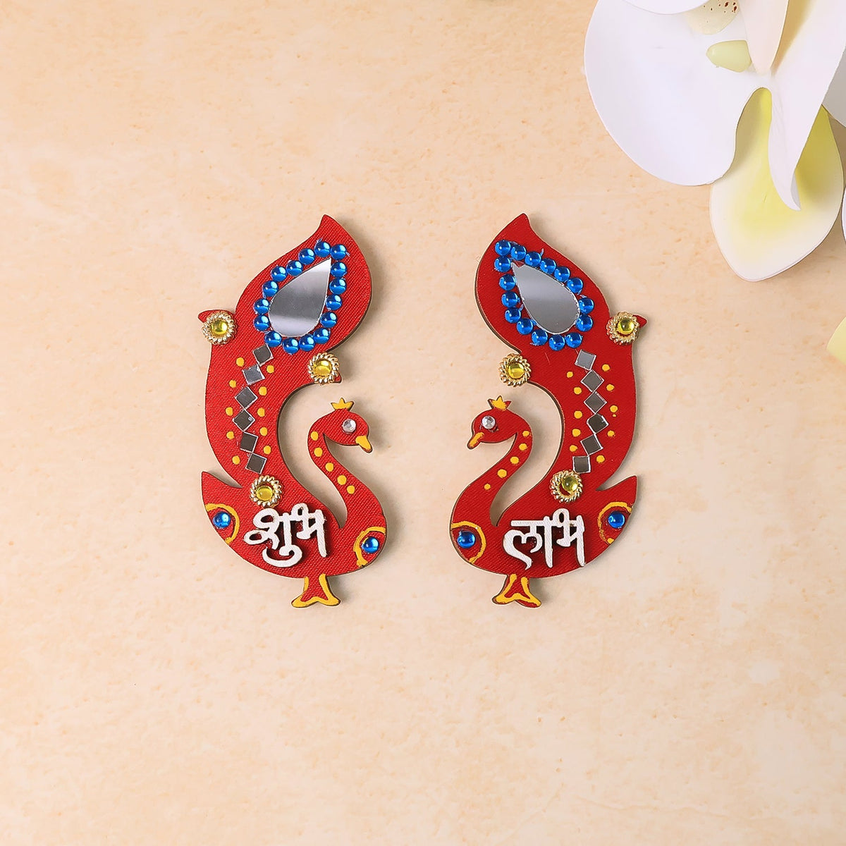 Handcrafted wooden Shubh Labh wall hanging with intricate mirror and stone decorations