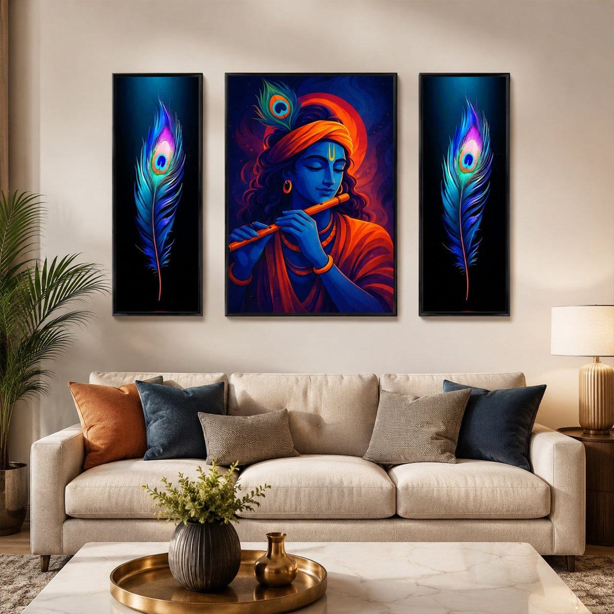 Vivid Krishna 3 panel MDF wall art in vibrant colors