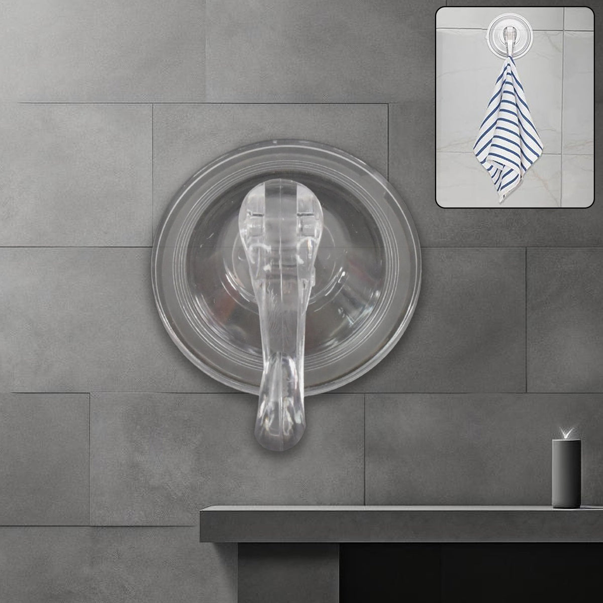 Heavy duty plastic suction cup hook firmly attached to glass surface