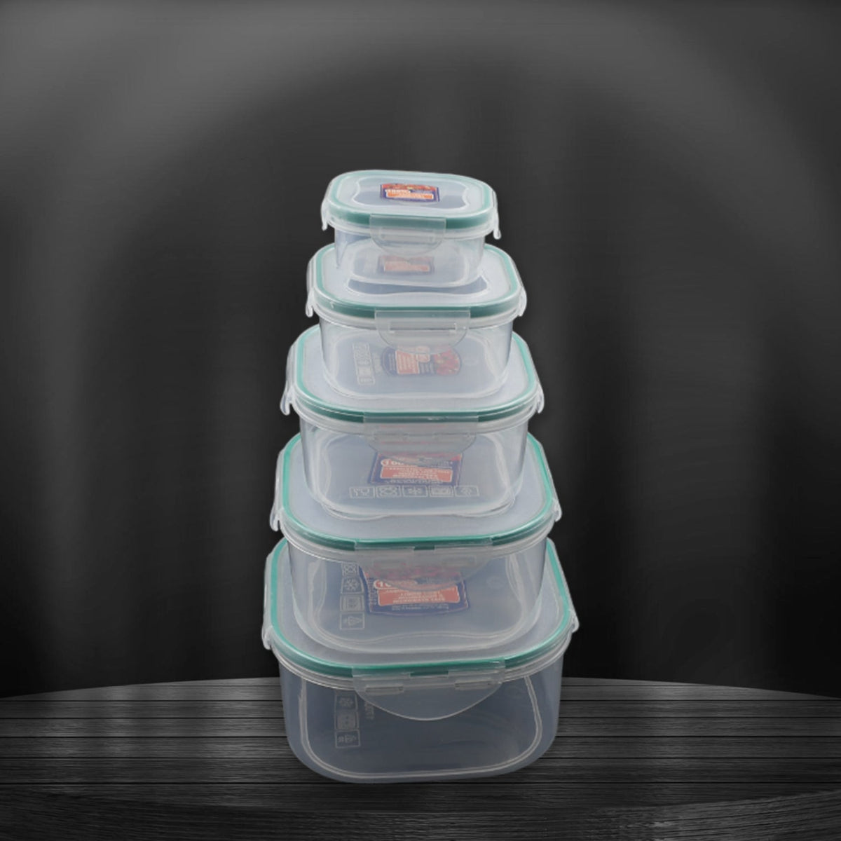 Side view of five versatile kitchen storage containers with snap-lock lids.
