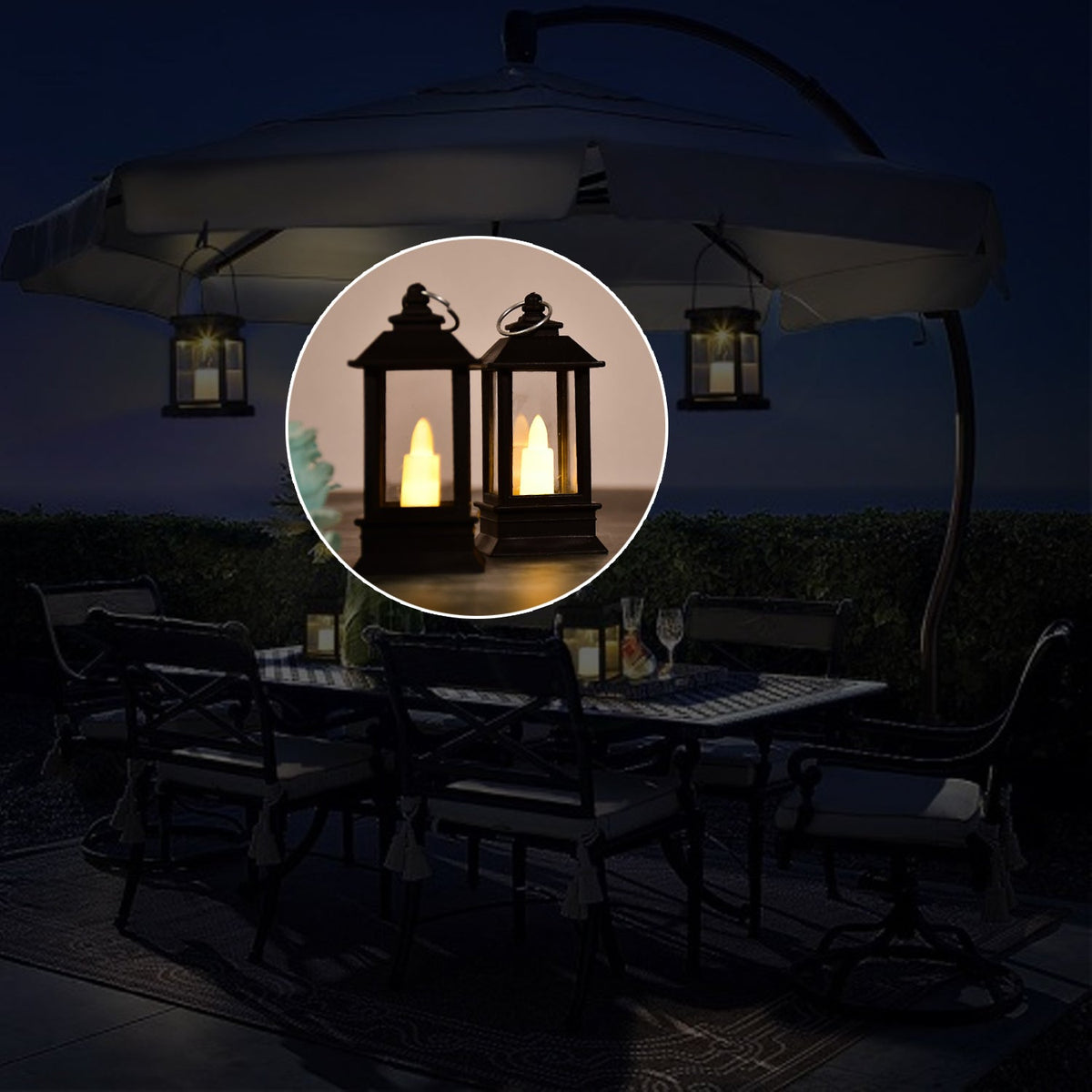 Battery-operated lantern glowing softly in a dim setting.