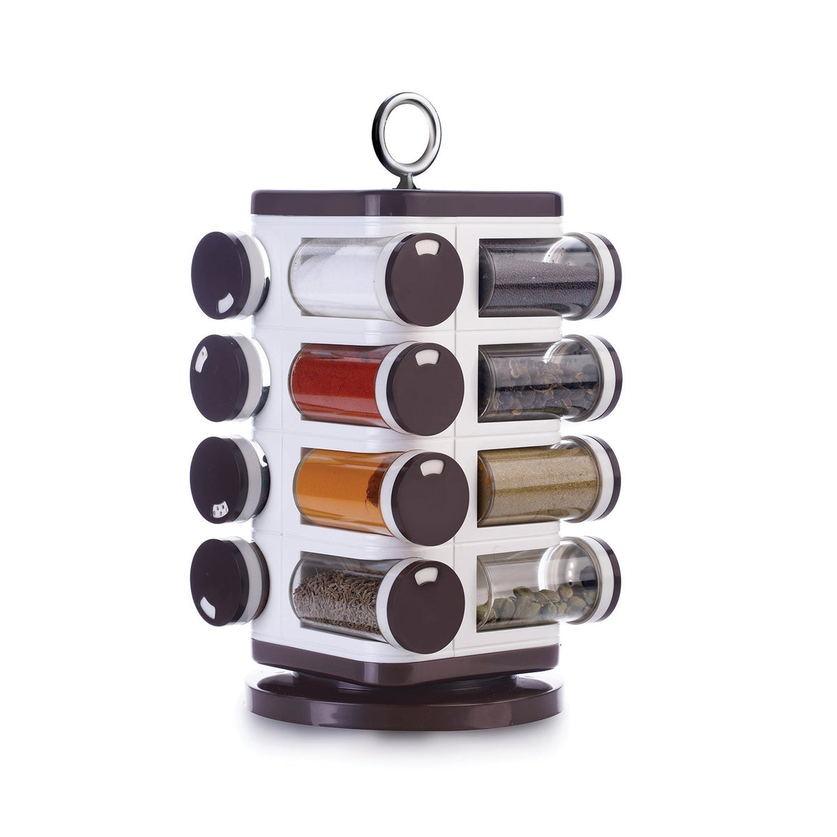 Ganesh revolving spice rack with 16 transparent 100ml plastic jars.