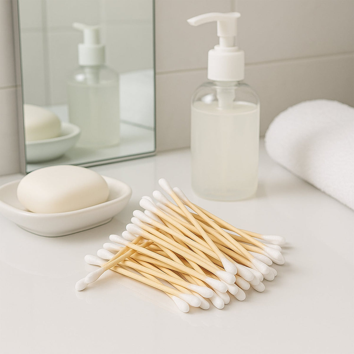 Wooden cotton buds neatly packed in a resealable pouch for easy storage
