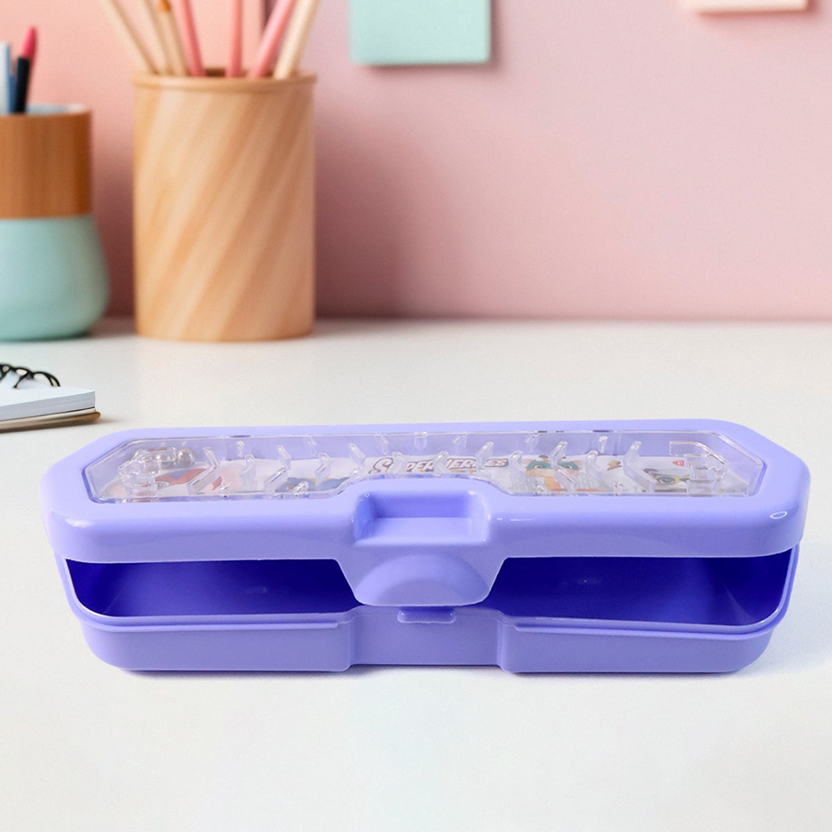 Backside view of durable plastic Kids Pencil Box for school stationery.
