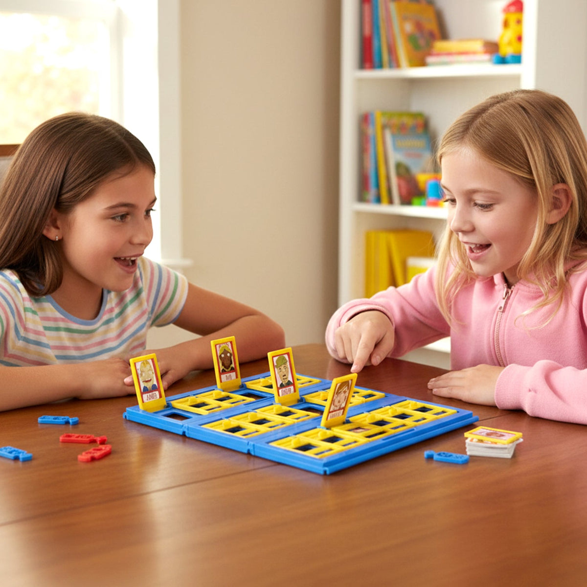 Who Am I board game setup showing character cards and question play