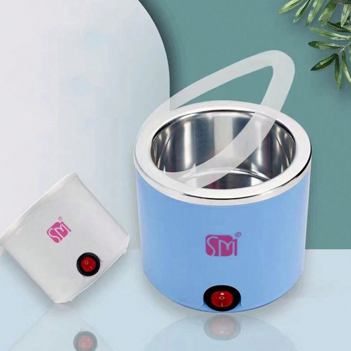 Electric wax heater with power cord and temperature control dial.