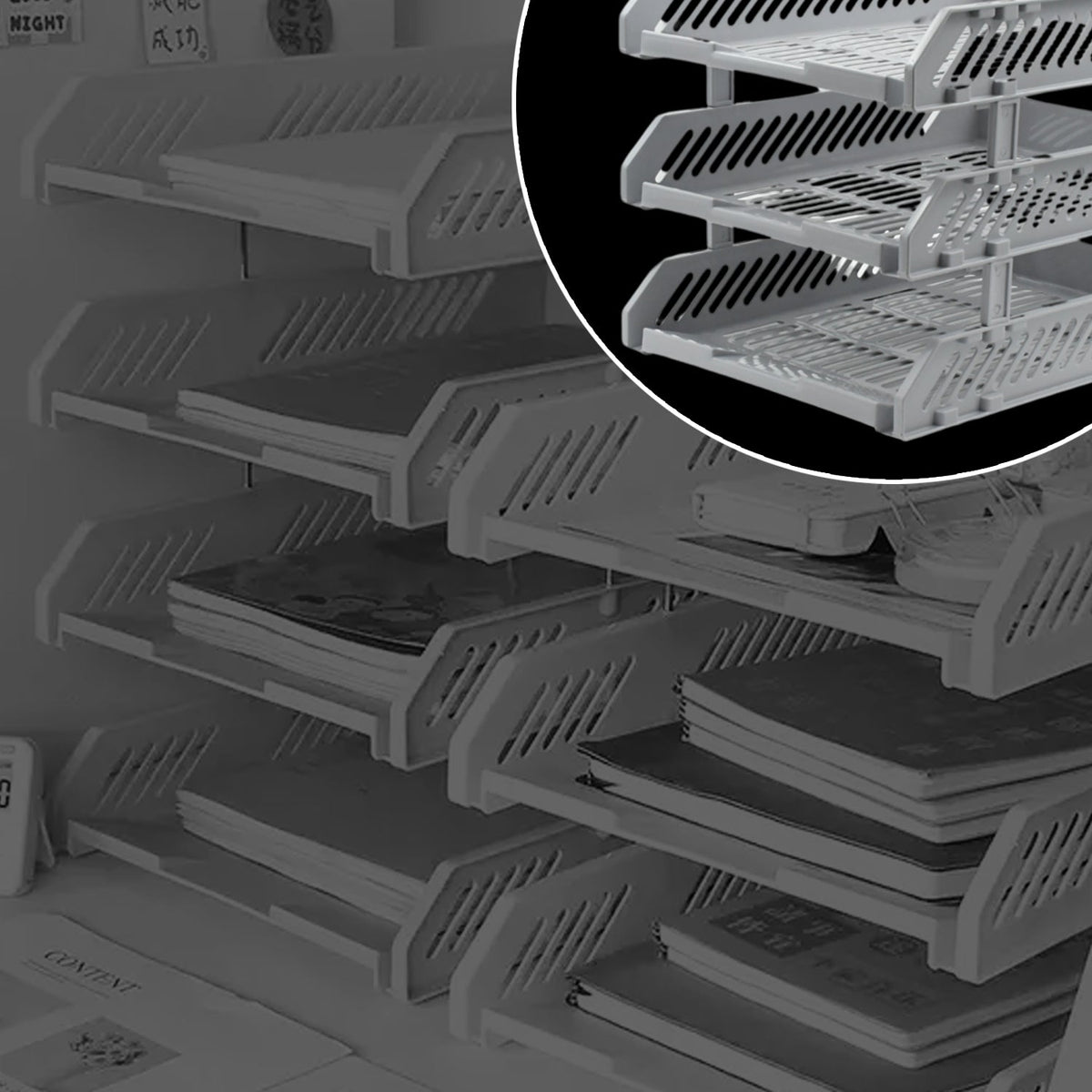 Side view of multi-layer file rack drawers stacked neatly on a shelf.