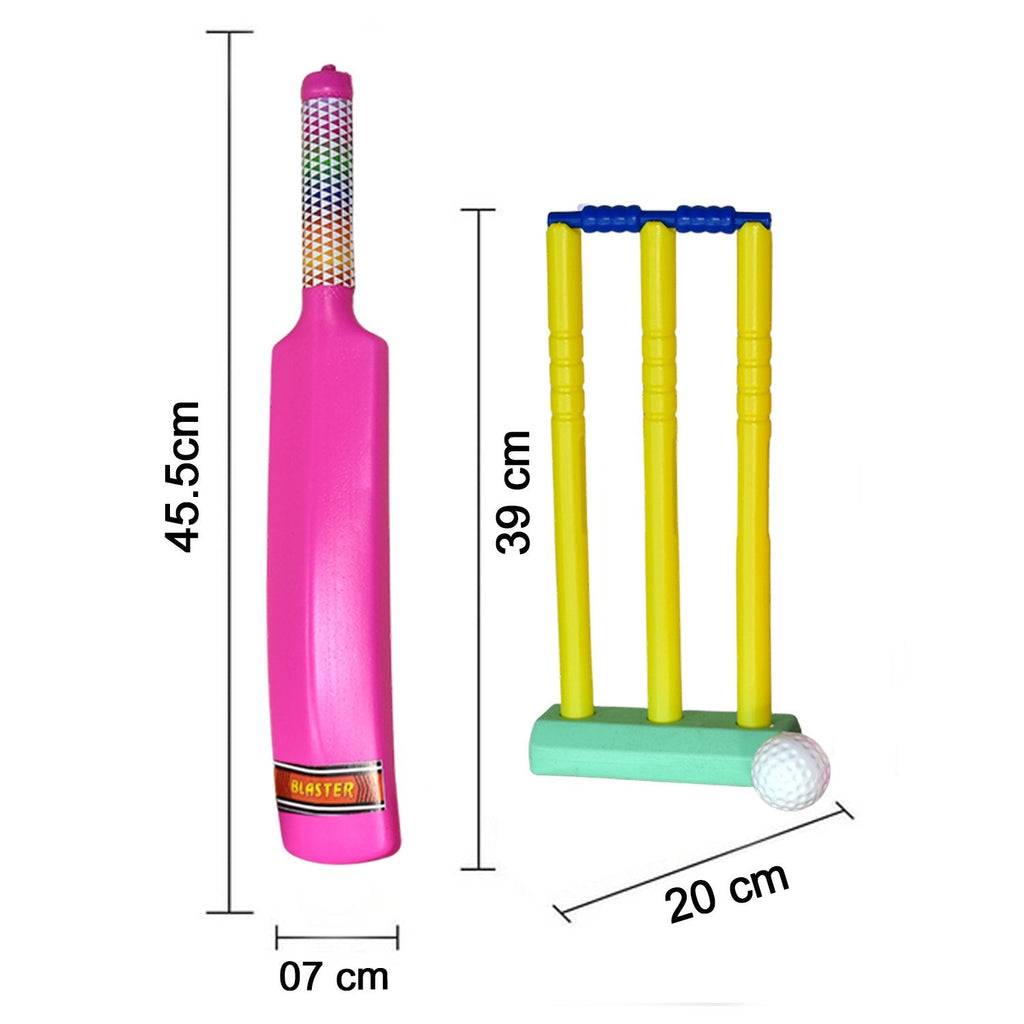 Plastic cricket bat and ball, designed for safe and fun play.