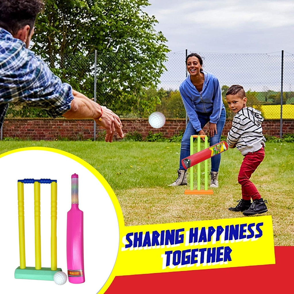 Complete plastic cricket set displayed, ideal for backyard cricket.