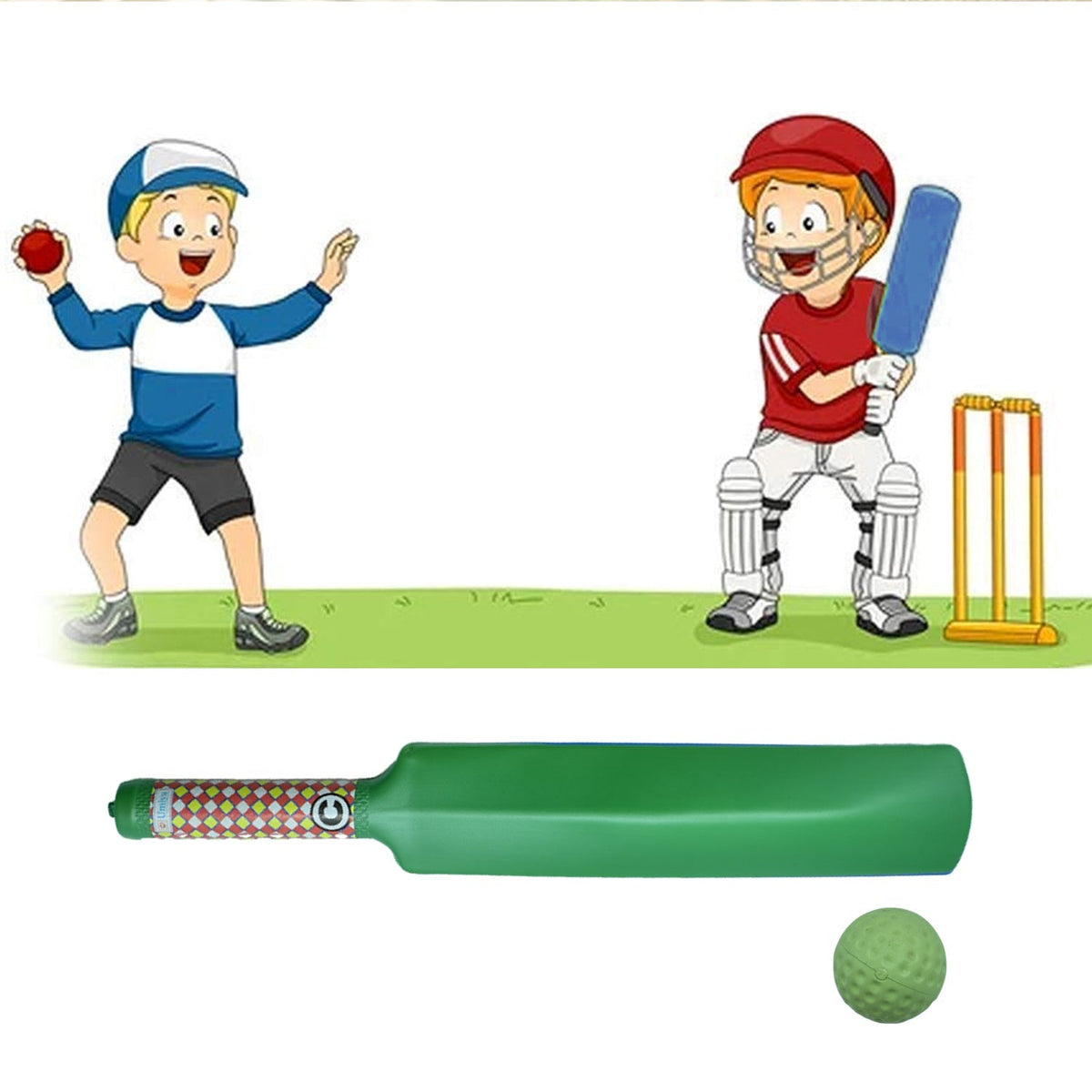 Children happily playing with a plastic cricket bat and ball in a garden