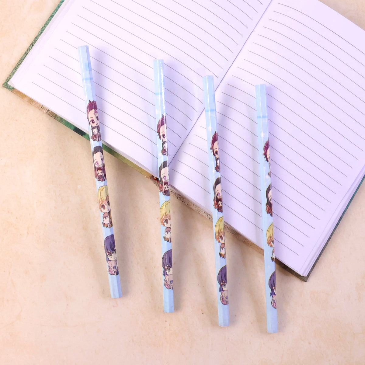 Group of colorful cartoon printed pencils ideal for kids' schoolwork