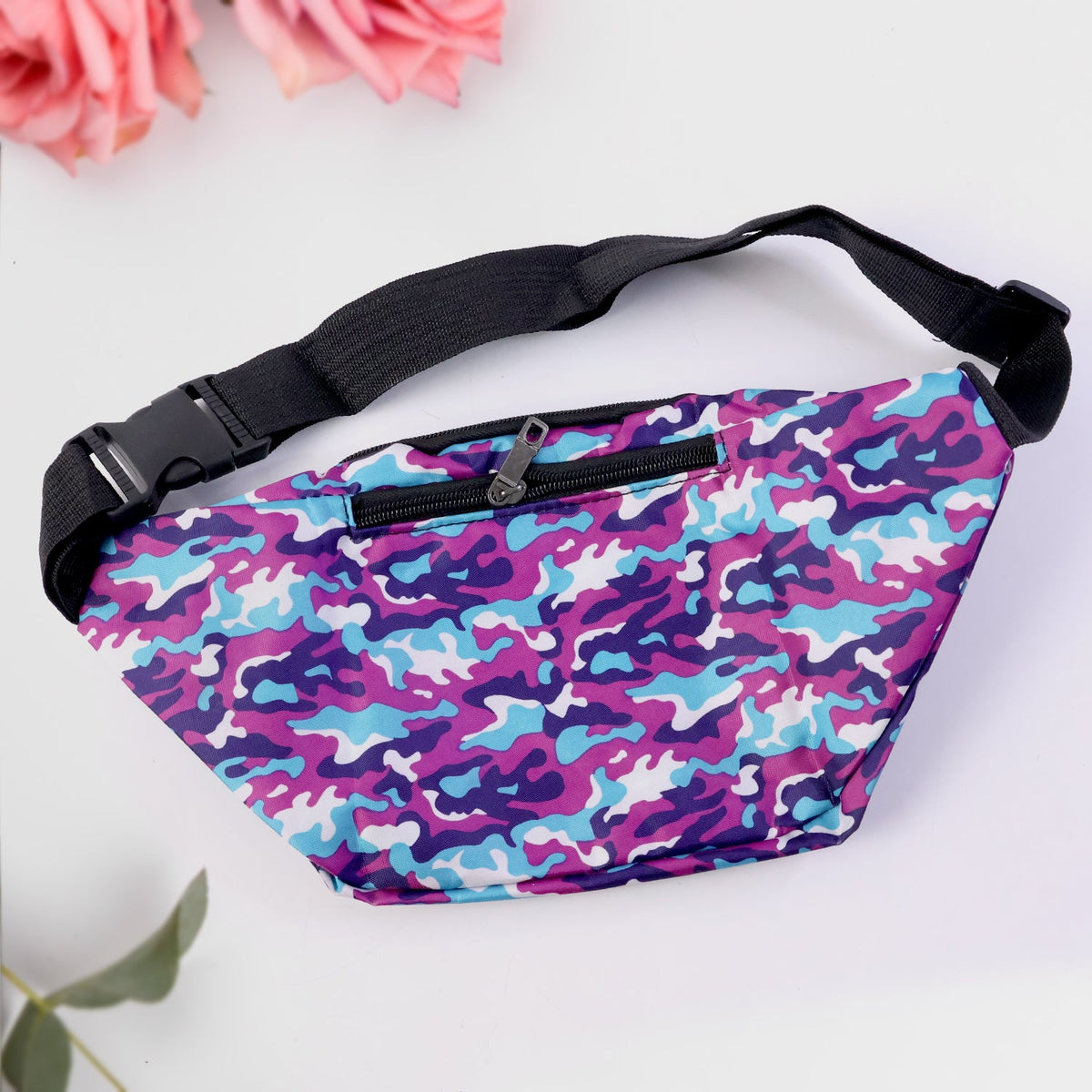 Sporty style camouflage waist bag with zipper closure and adjustable belt