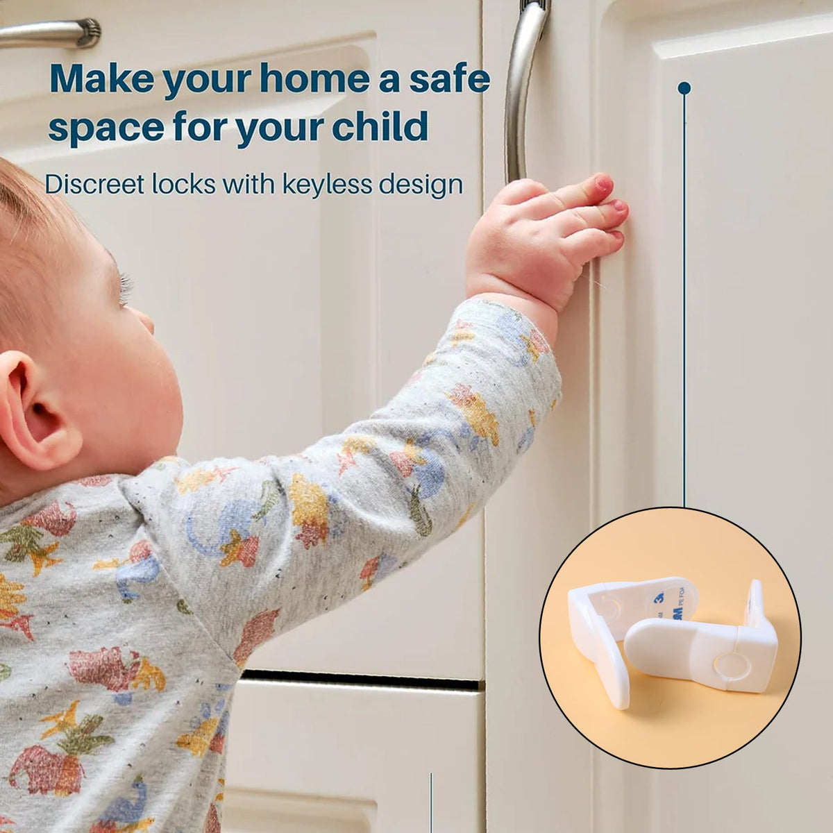 Side angle view of baby safety cabinet lock for drawers
