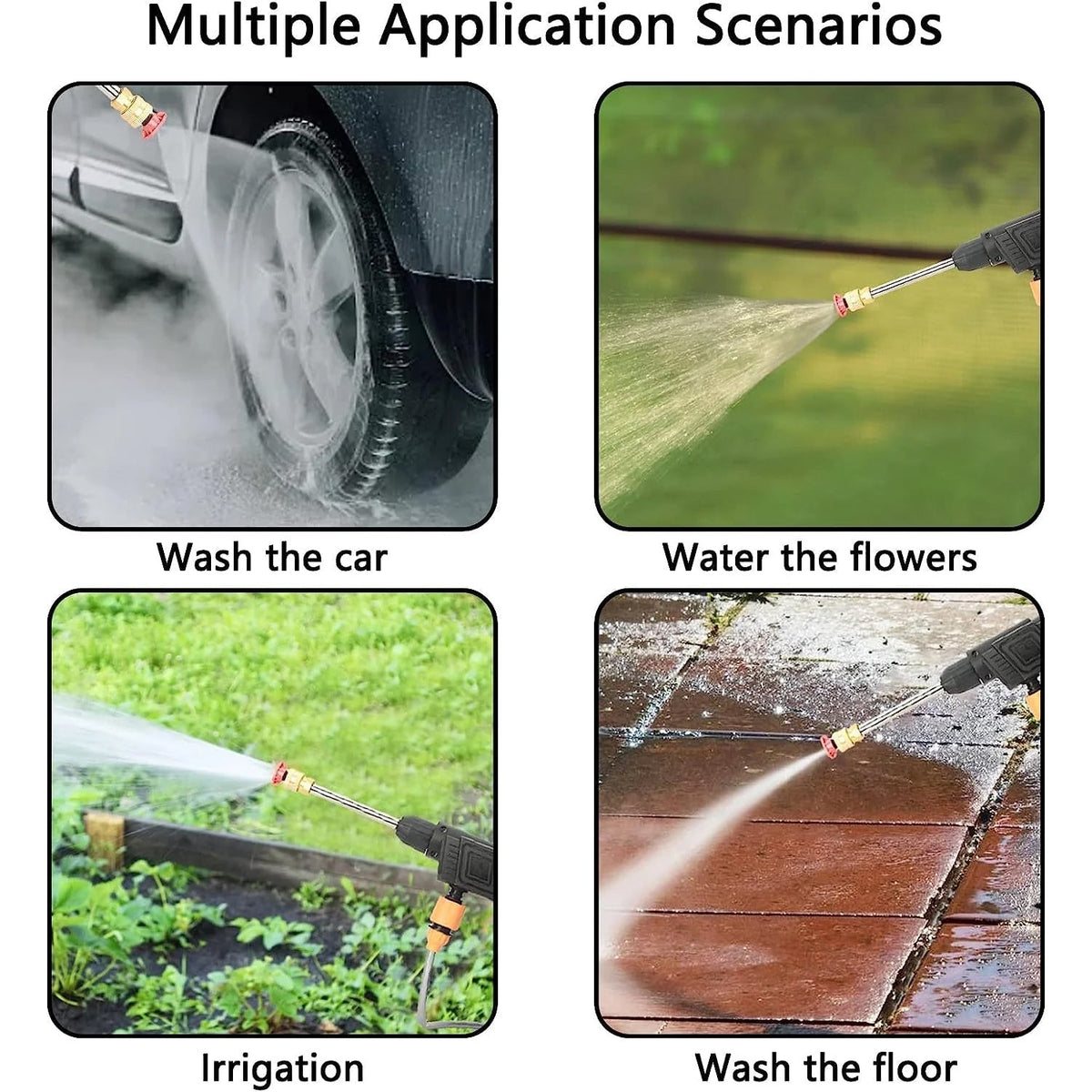 Key features of the  48V Wireless Car Washer Kit displayed.