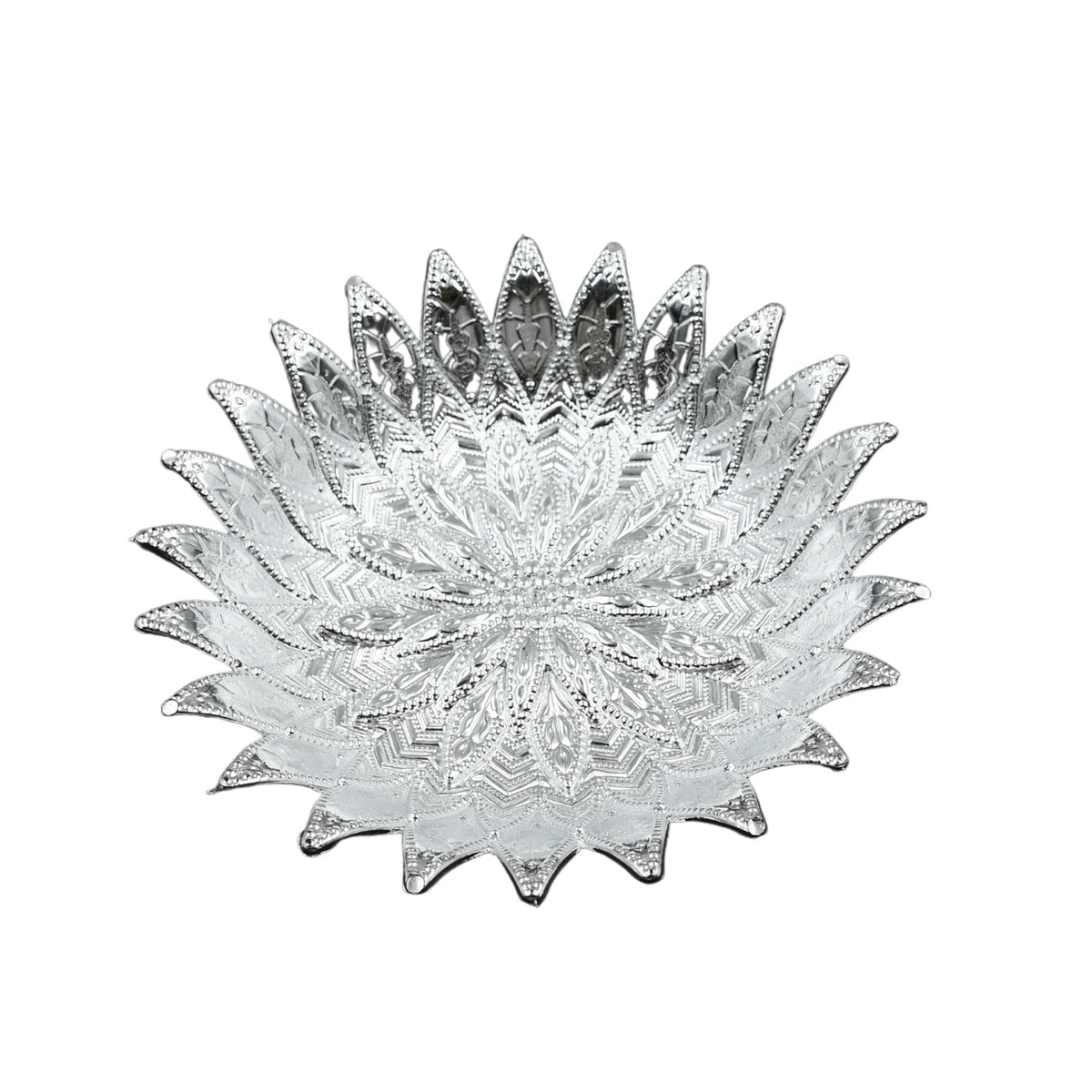 Elegant plastic serving tray with a silver finish, viewed from a top angle on a table.