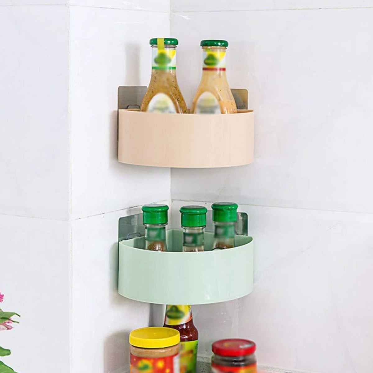 Compact bathroom storage rack holding toiletries, demonstrating space-saving design.