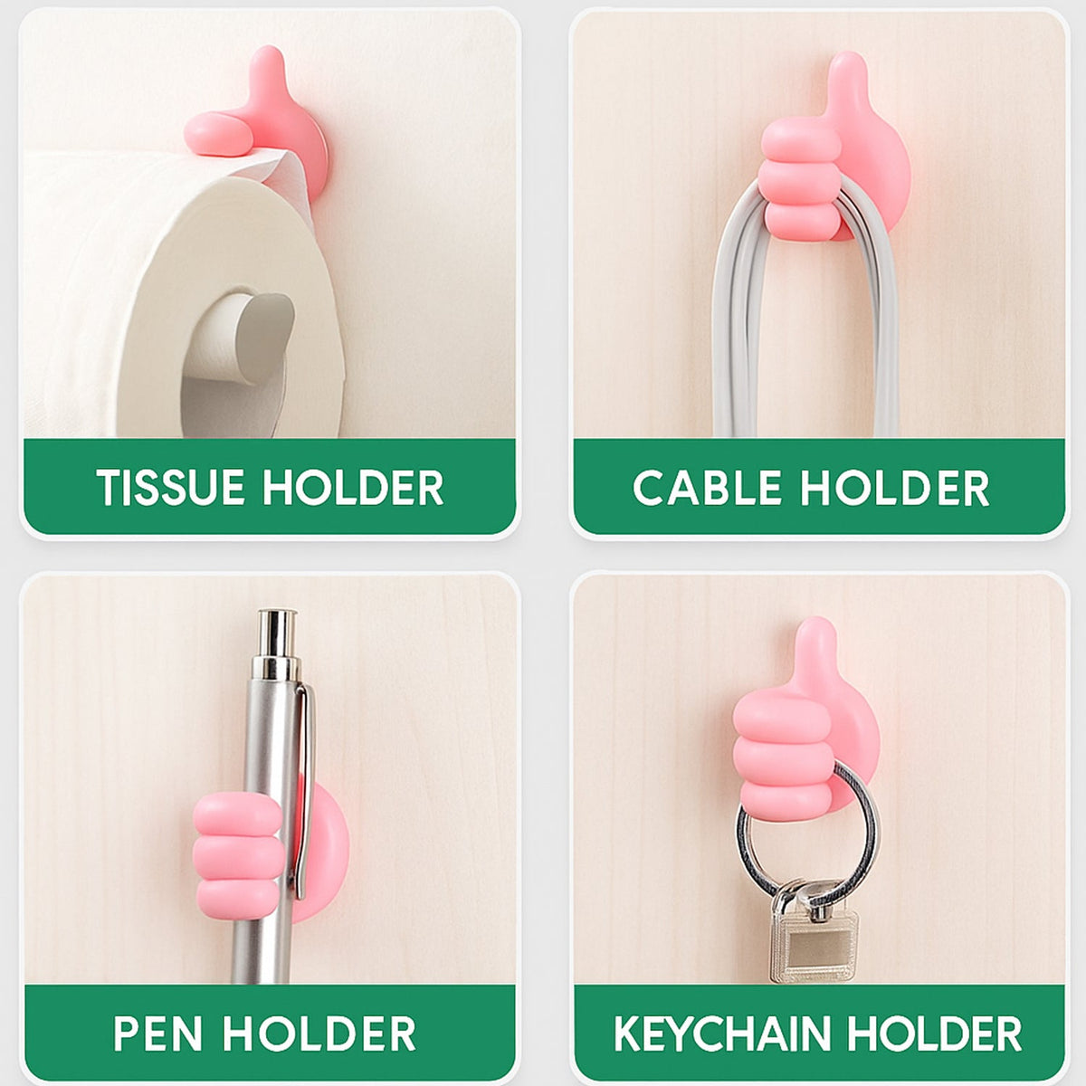 Pink hand-shaped wall clip holder with self-adhesive mounted on surface