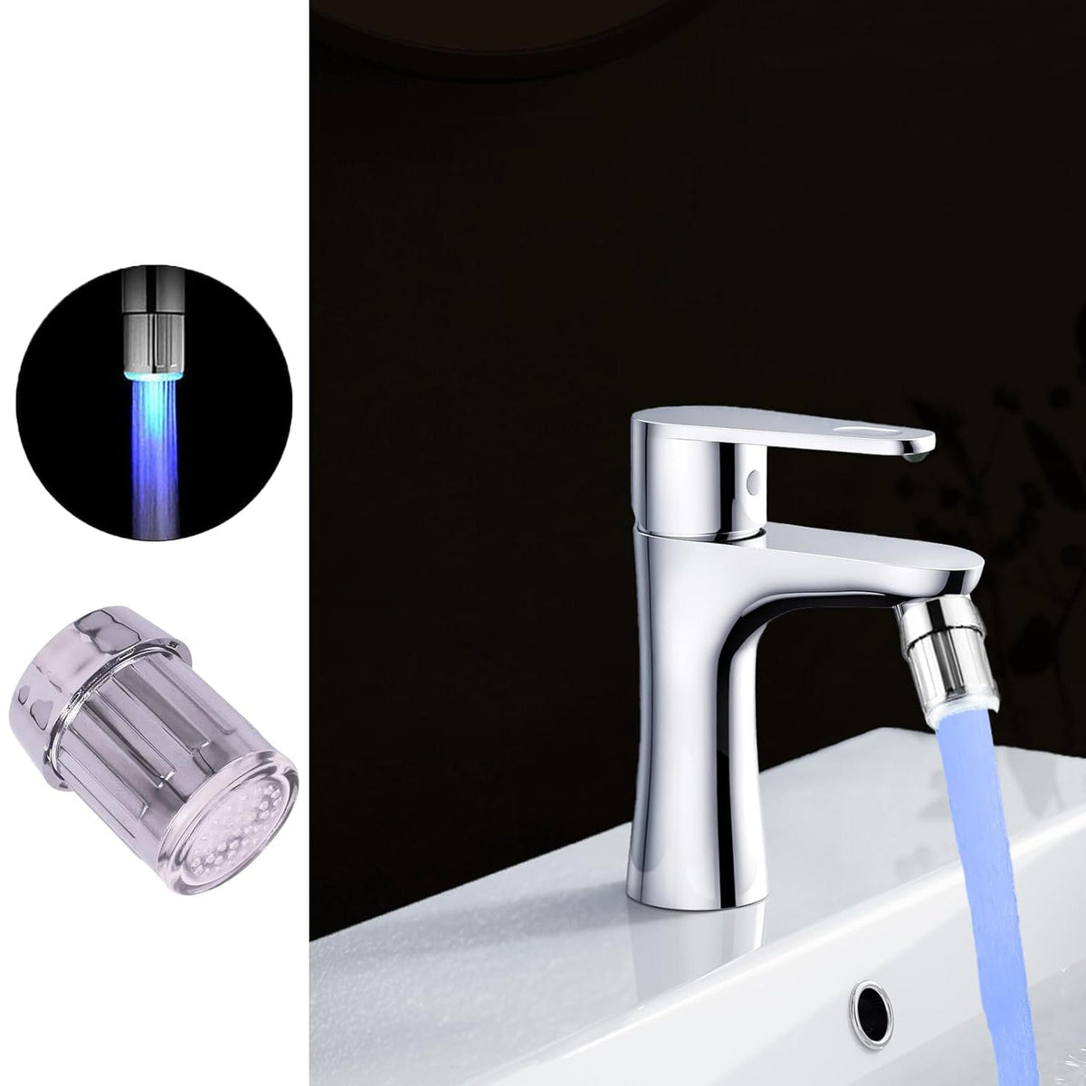LED faucet light streaming a colorful water flow from kitchen tap