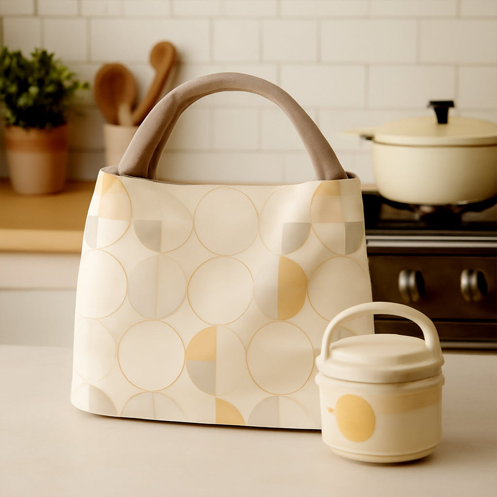 Insulated lunch bag filled with a tiffin box and a water bottle, ready for a meal.