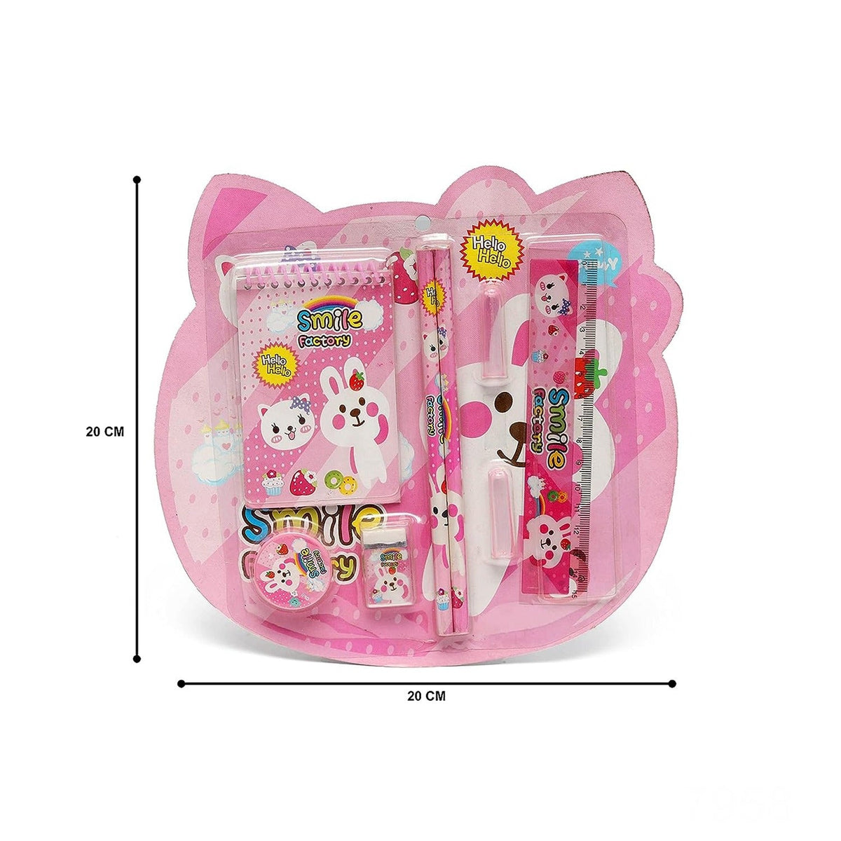 Detailed shot of various stationery items, including a sharpener and pencil cover, from the kids' gift set.
