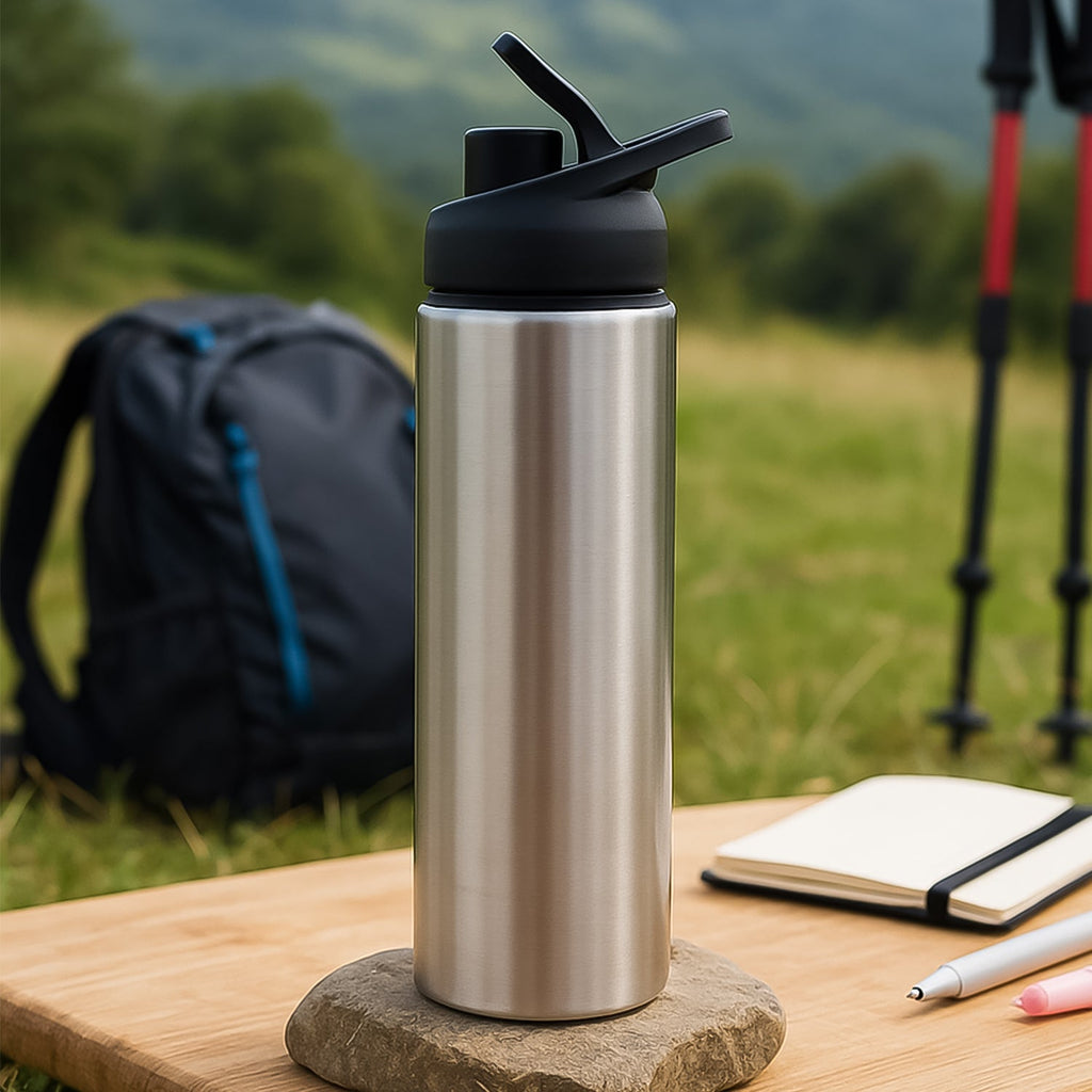 A sleek silver 600ml steel water bottle from Own Hydrate, perfect for daily hydration.