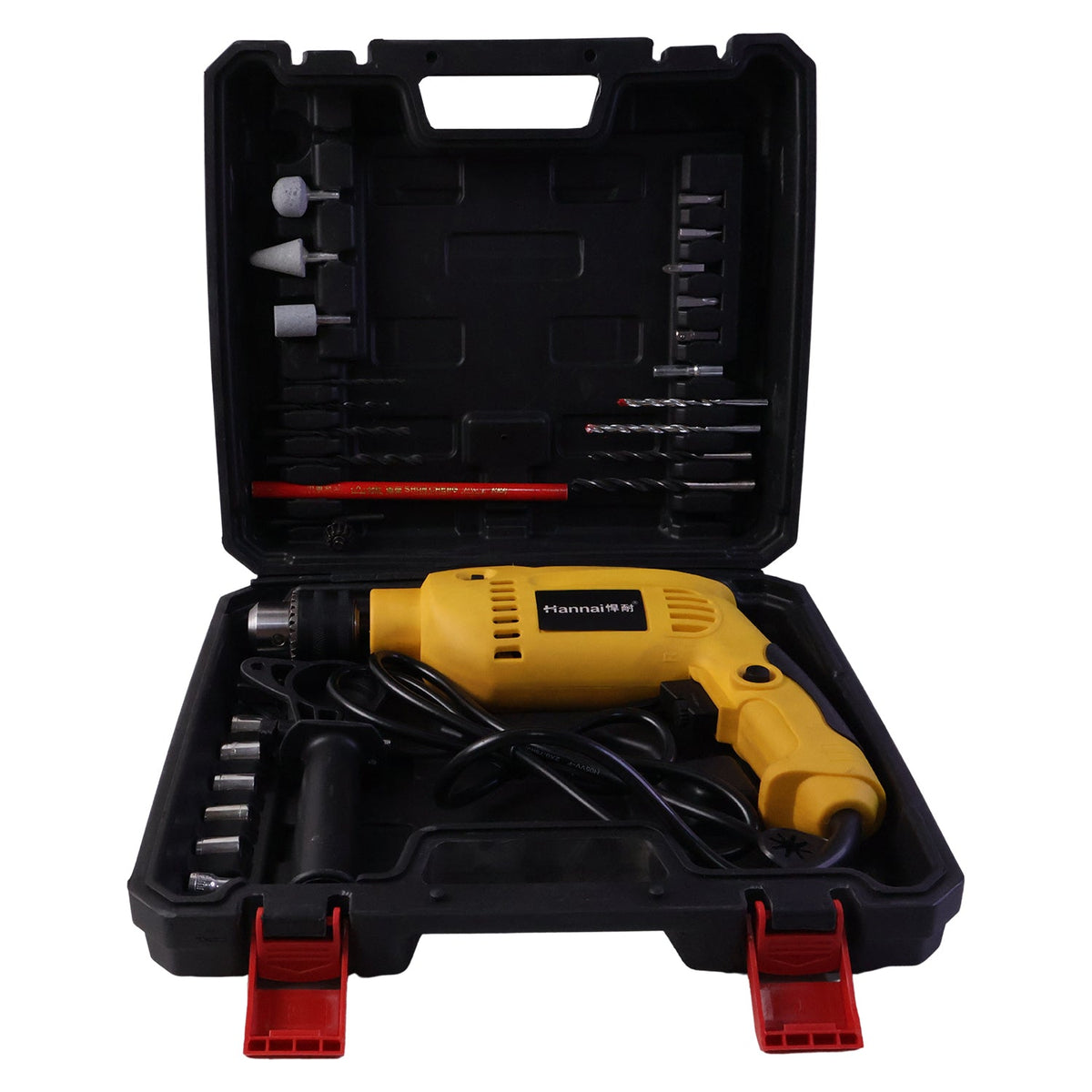 Drill machine kit carried in durable case with accessories