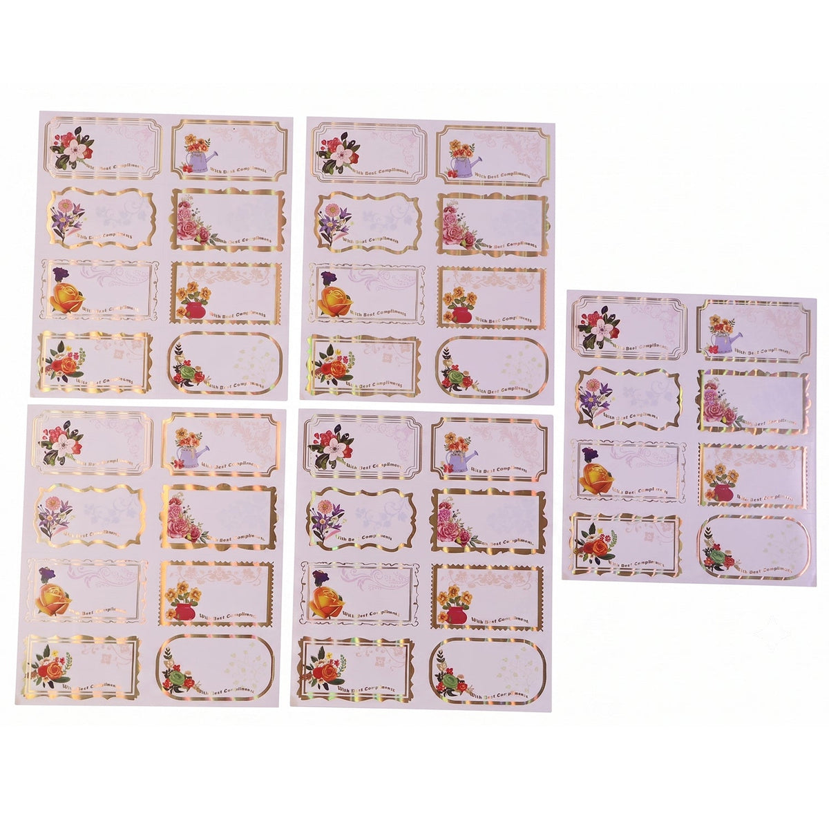 White gift tag stickers with floral gold foil accents on gift box