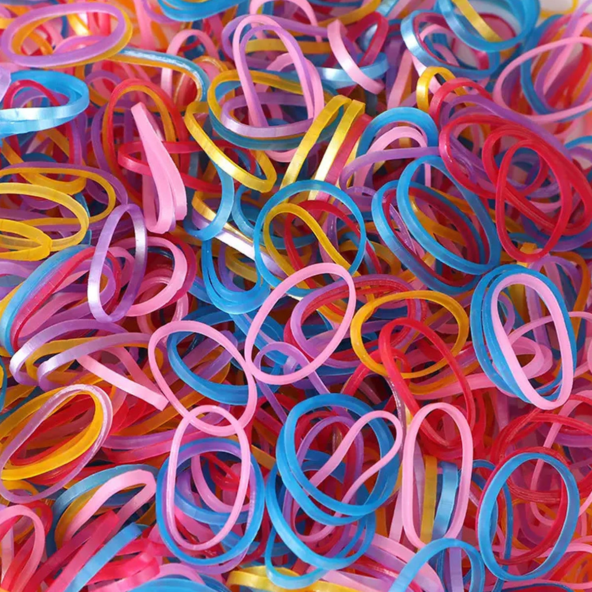 Close-up of flexible multicolor elastic rubber bands.