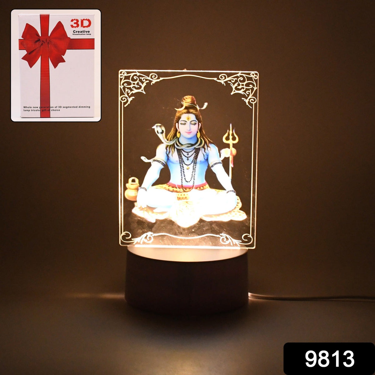 Close-up image of UV printed Lord Shiva 3D LED lamp on a table