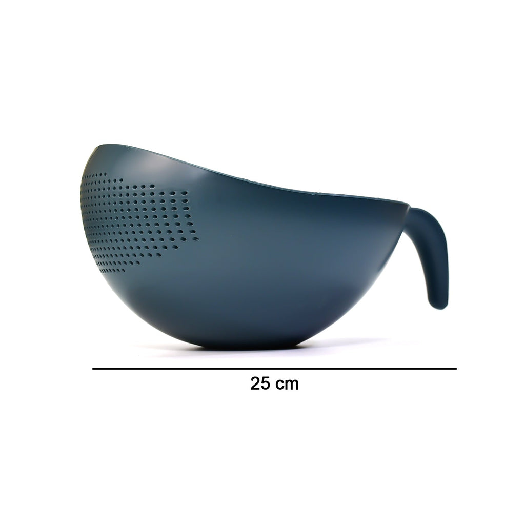 Side view of a thick plastic strainer basket, a versatile kitchen drainer.