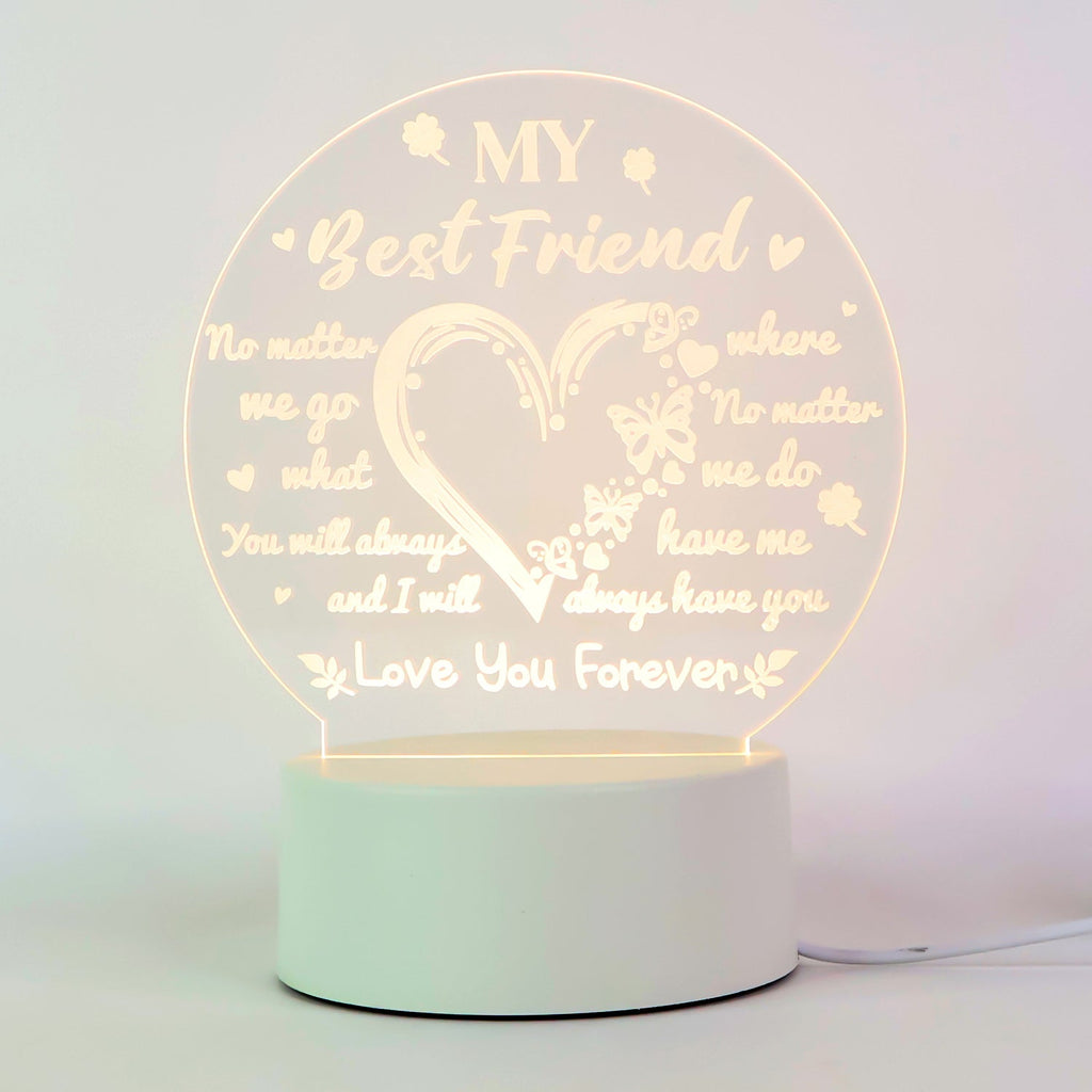 Close-up of acrylic acrylic plate with intricate friendship design in 3D LED lamp