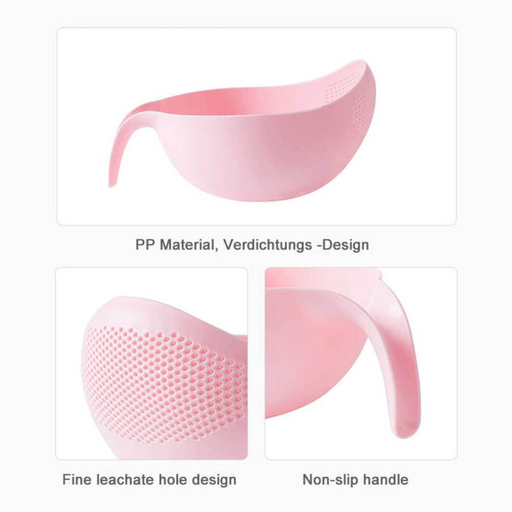Ergonomic plastic food strainer bowls with integrated handles, sold as a set of three.