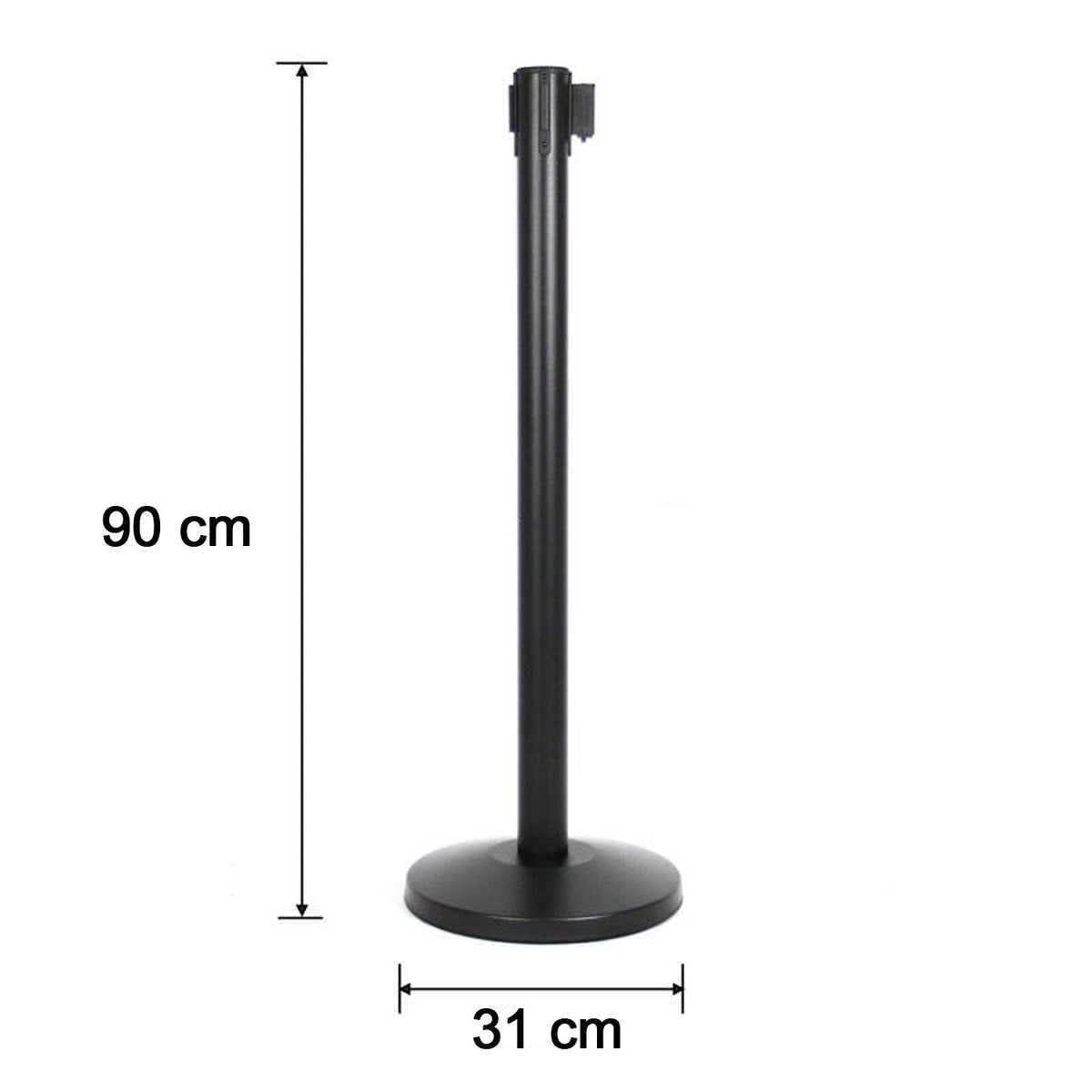 Side view of heavy duty crowd control pole with sturdy base and retractable belt