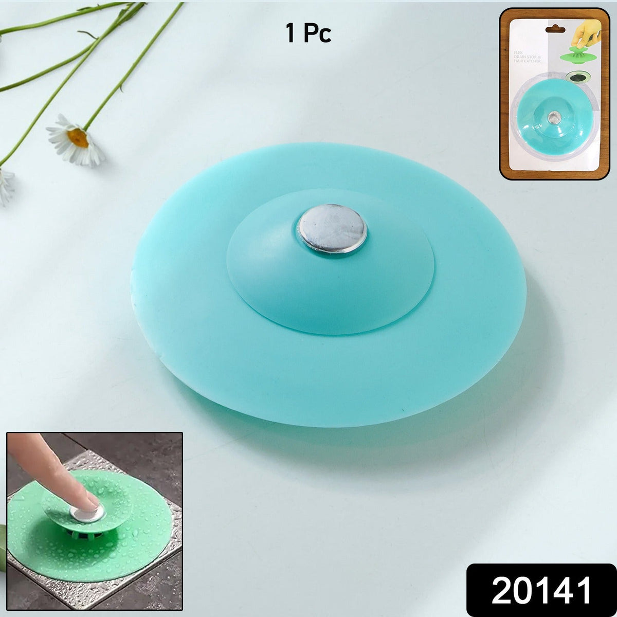 Bathroom drain covered with silicone hair catcher preventing clogs