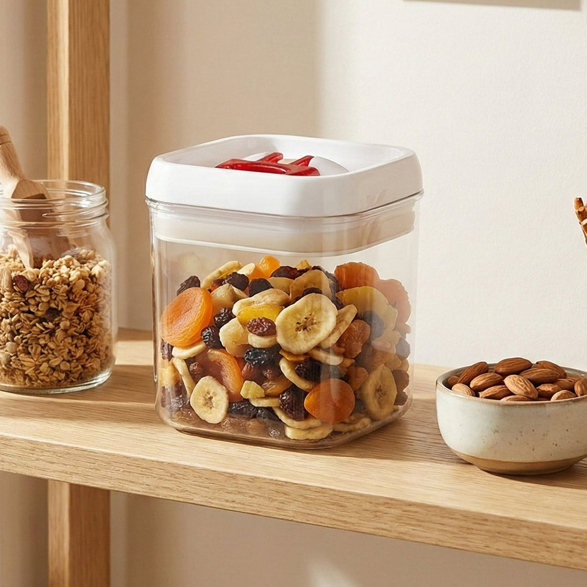Clear storage box featuring secure airtight red lid