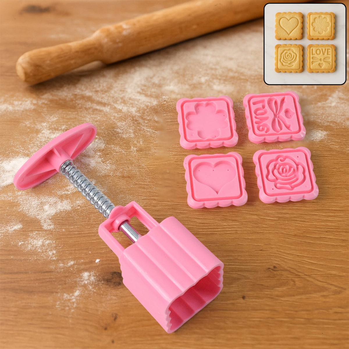 Cookie biscuit stamp mold set with press handle and decorative patterns