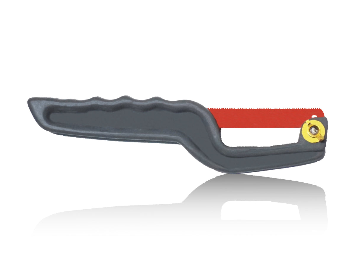 The BoltForce Mini Hacksaw demonstrating its easy-grip handle and robust design.