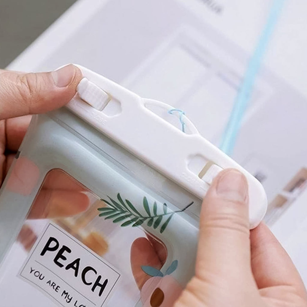 Waterproof mobile pouch featuring adjustable neck strap and peach print pattern