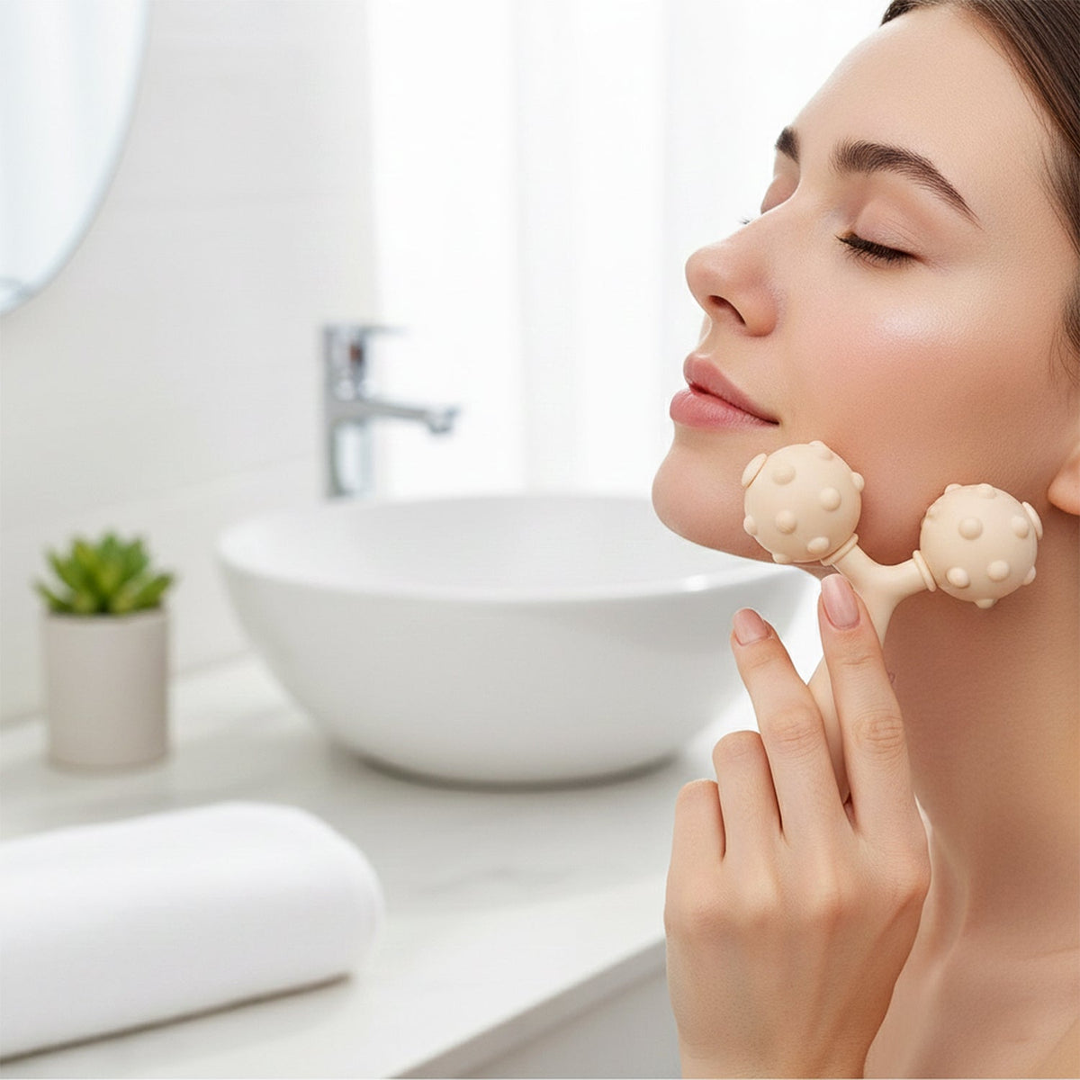 Facial massager with dual rolling balls for improved skin elasticity