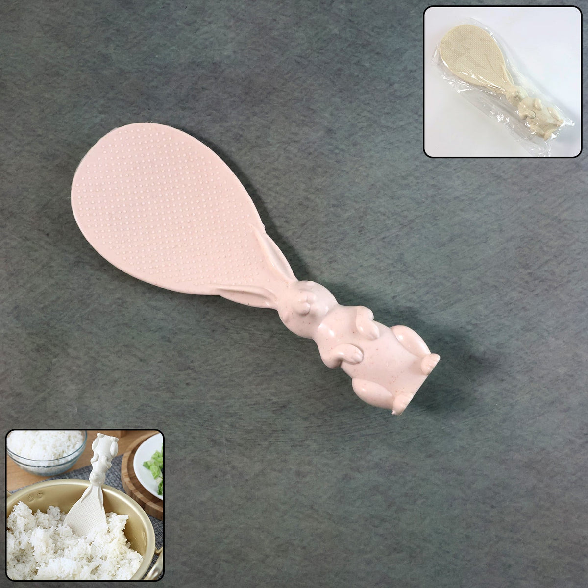 Bunny handle rice serving spoon front view with non-stick paddle