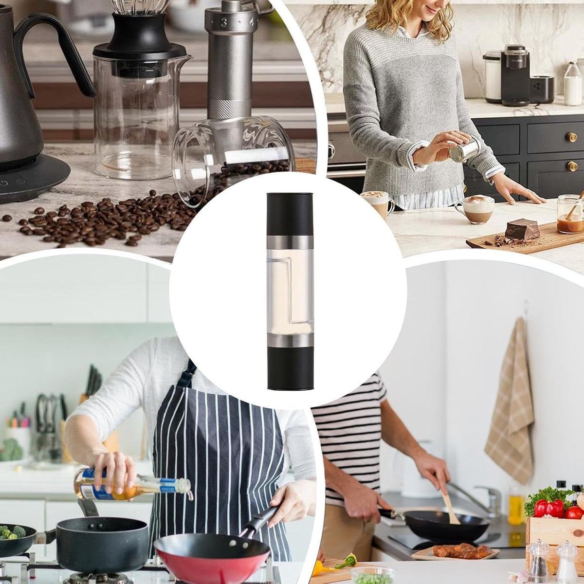 Side angle of stainless steel salt and pepper grinder on white background