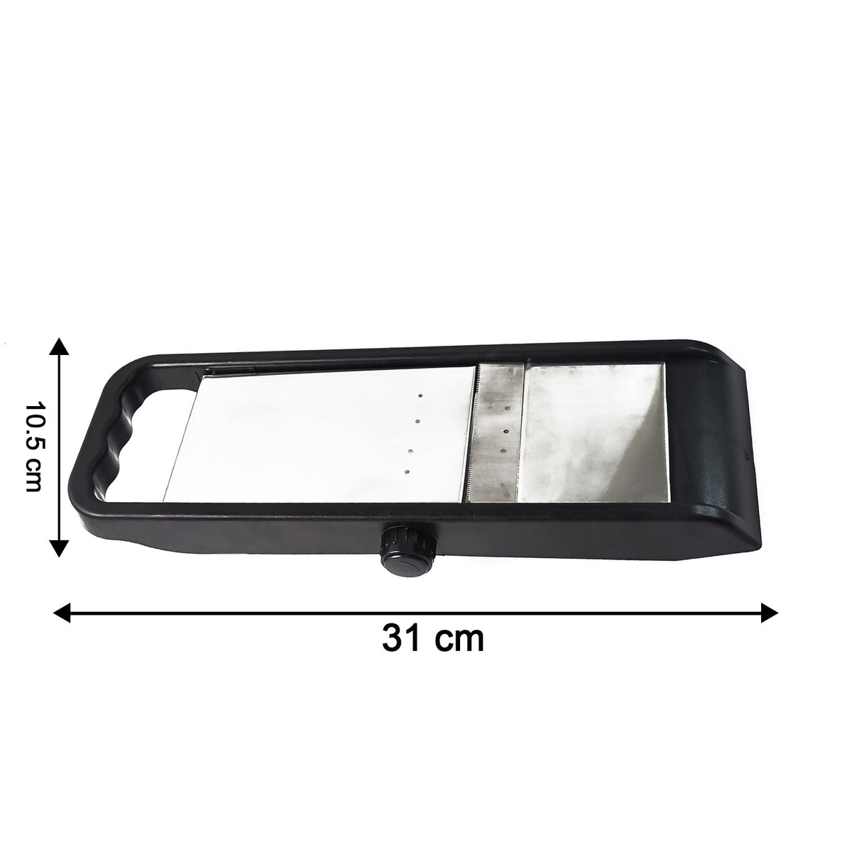 Rear view of the Supermom adjustable slicer, highlighting its sturdy plastic construction.