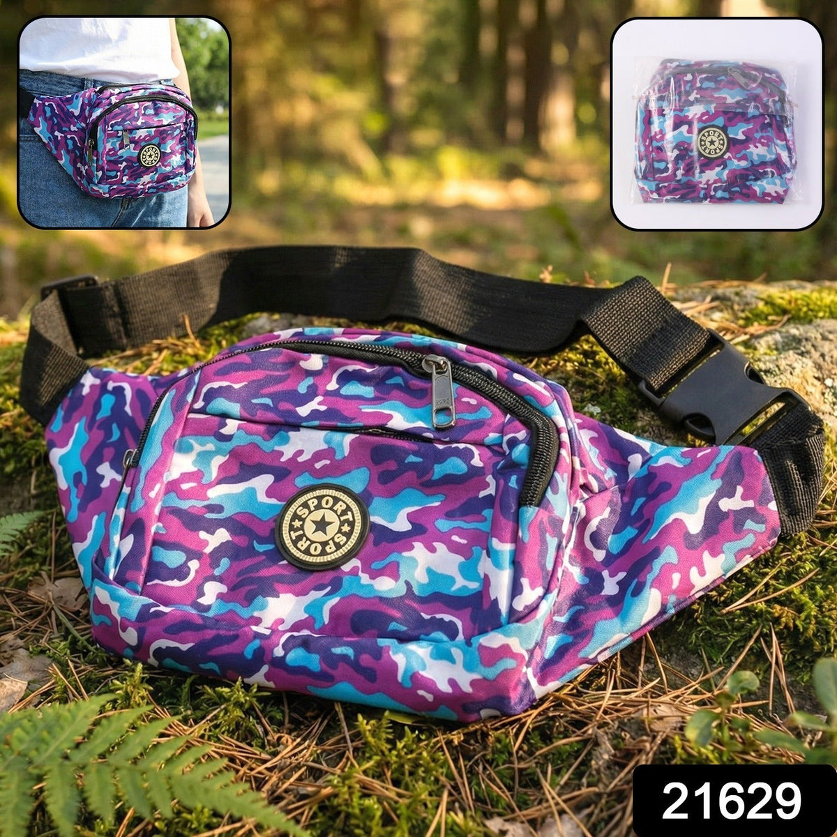 Camouflage print waist bag showing adjustable belt strap design