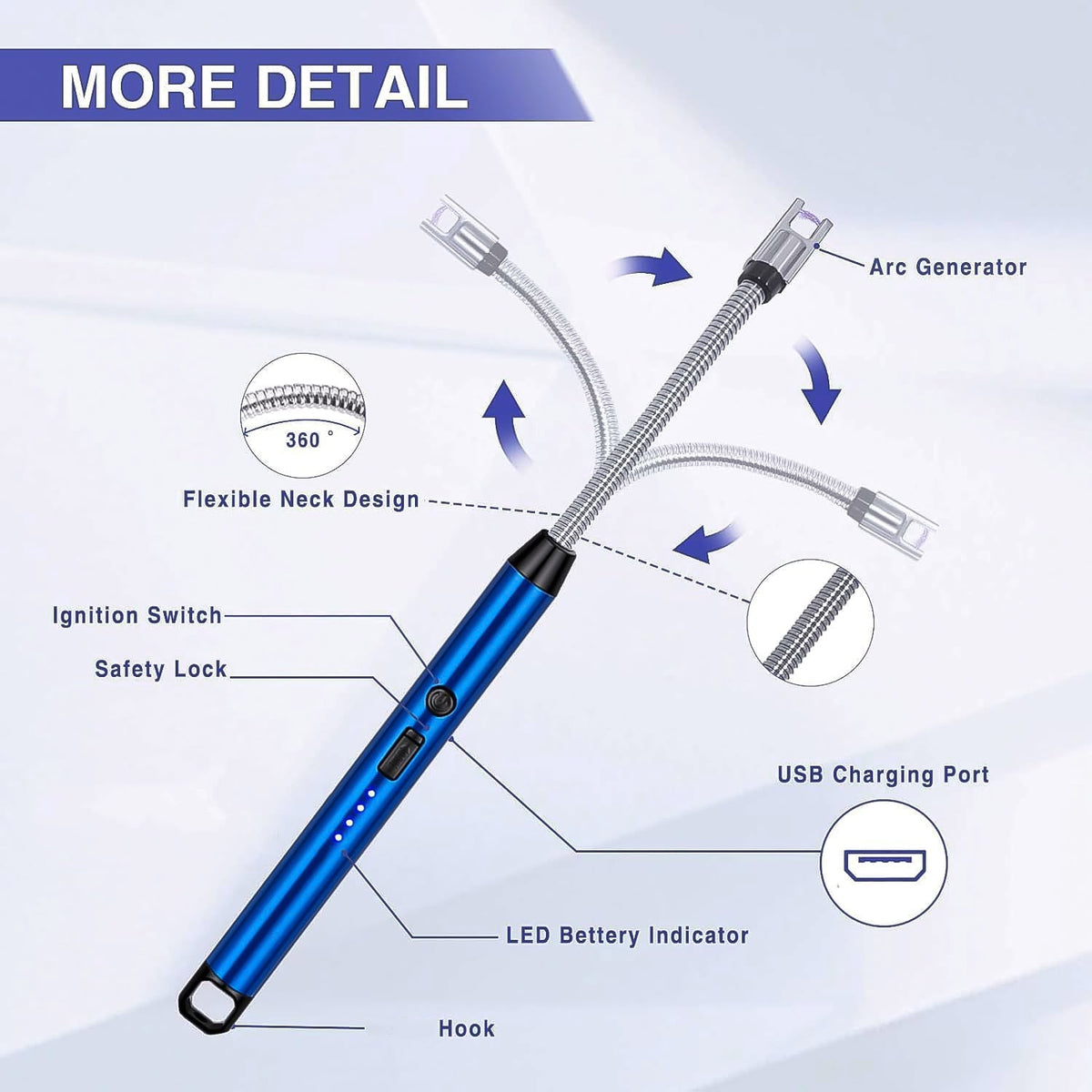 Long neck metal USB rechargeable electric arc lighter for easy access in tight spaces