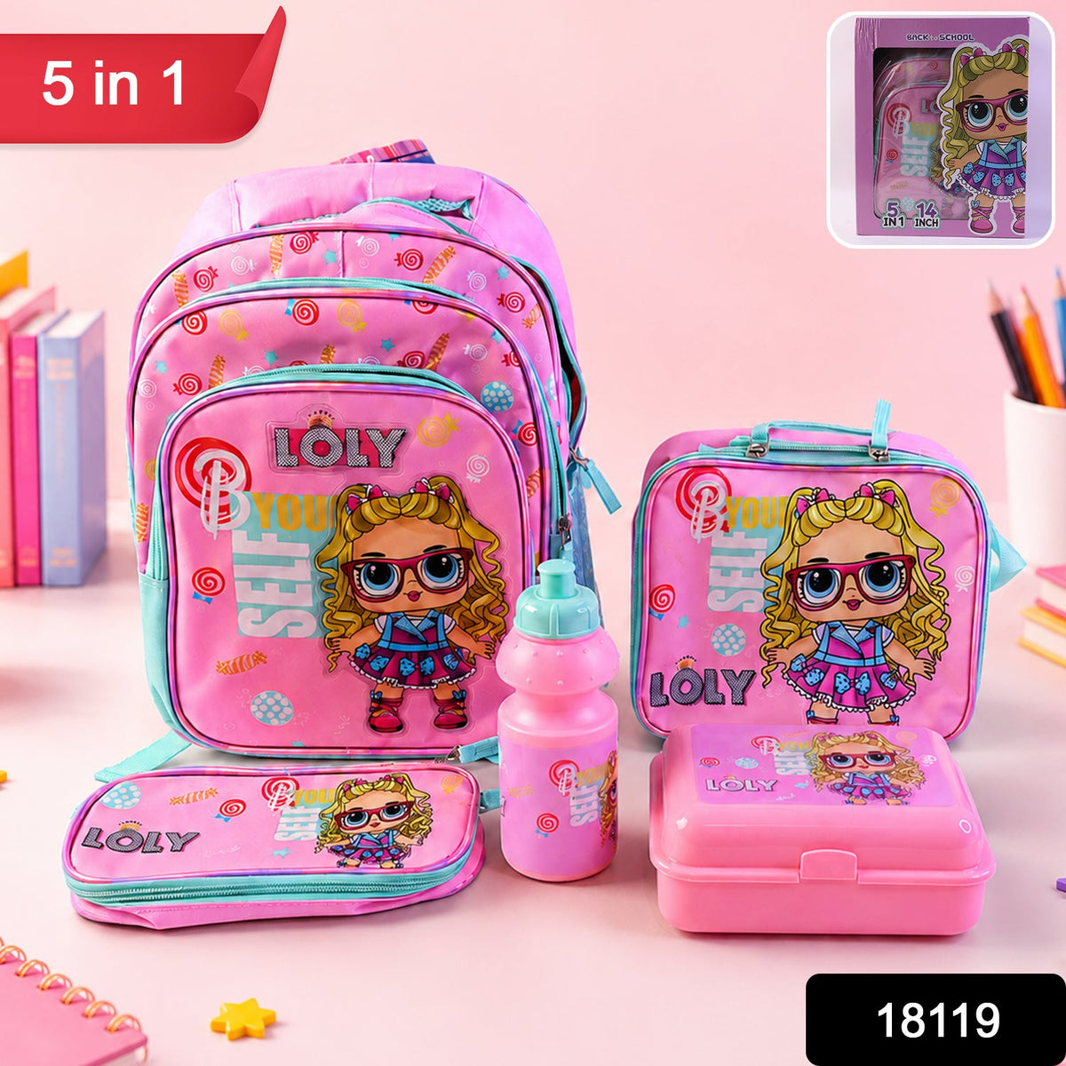 Matching lunch bag and water bottle included in the Kids School Bag Set.