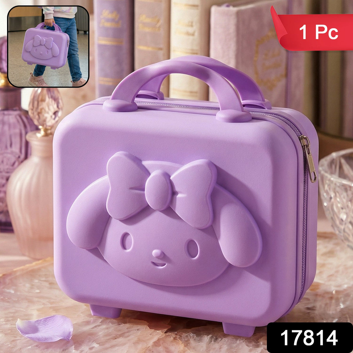 Kids bear hard shell carry case with handle and embossed bear face in pastel colors