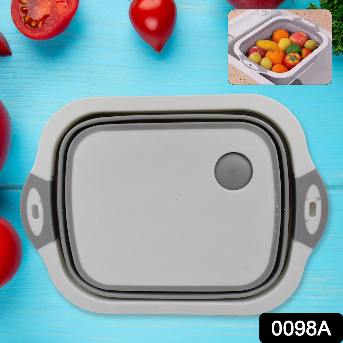 Multi-functional collapsible cutting board used as a dish washing basin.